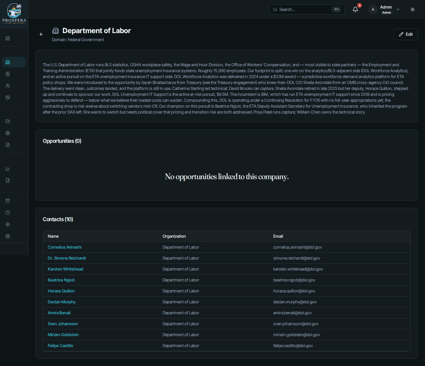 Teaming partner record with linked opportunities, contacts, NAICS code, and CAGE/UEI