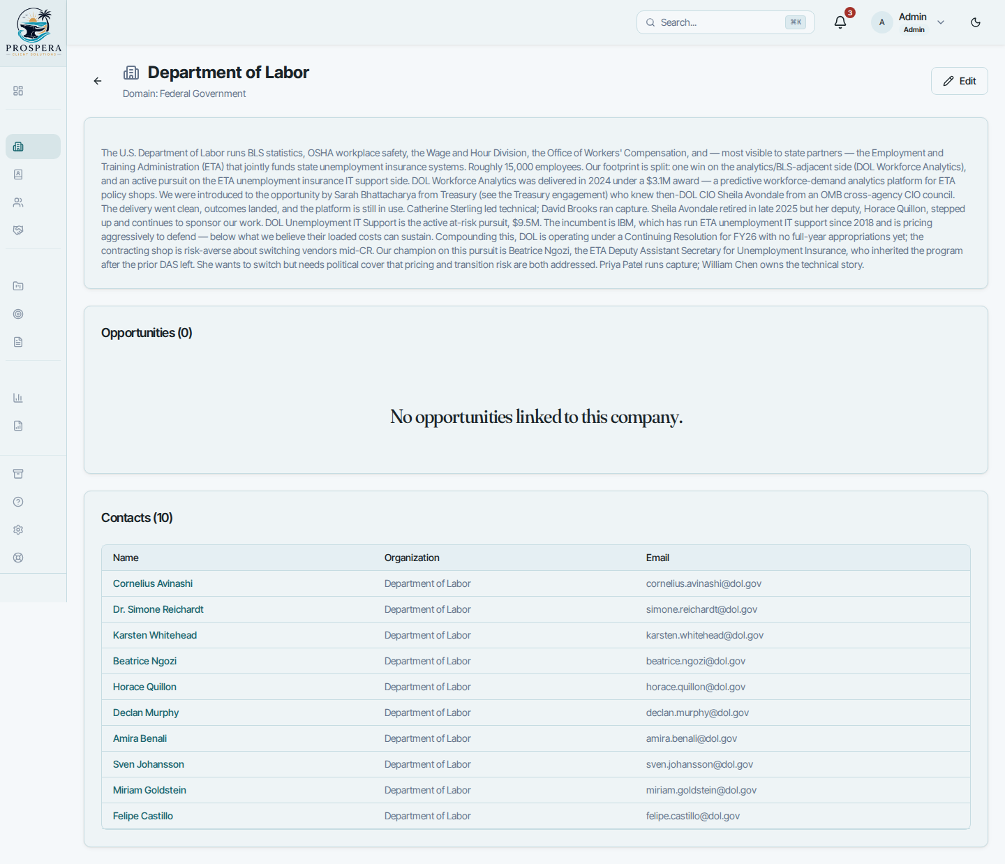 Teaming partner record with linked opportunities, contacts, NAICS code, and CAGE/UEI