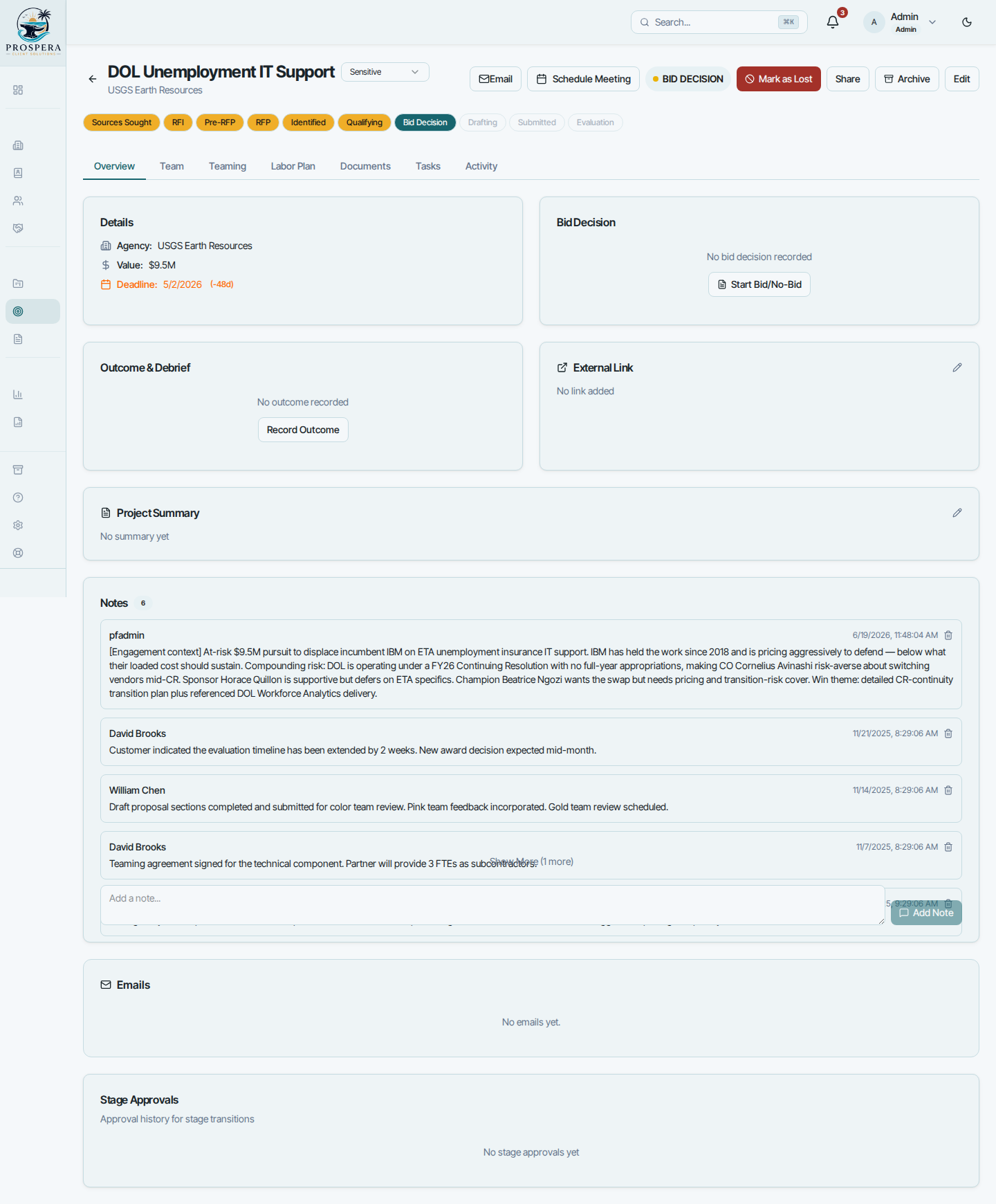 مساحة عمل الفرصة في Prospera Client Solutions مع مسار المراحل وقرار تقديم العرض وبطاقة التفاصيل